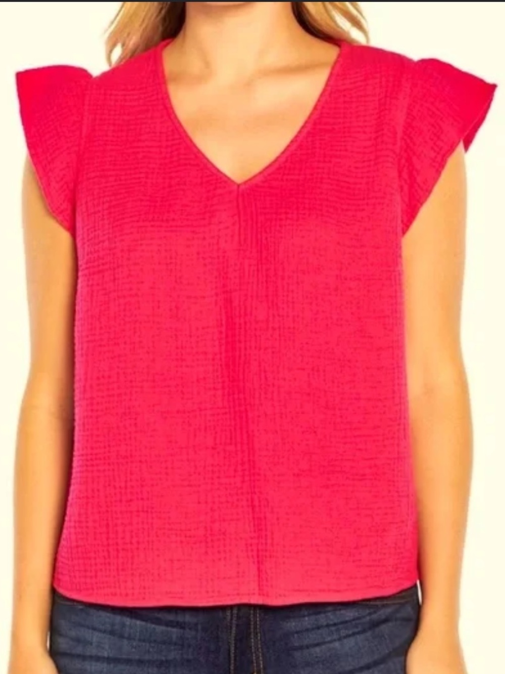 Three Dots Hot Pink V-Neck Flutter Sleeve gauze Blouse